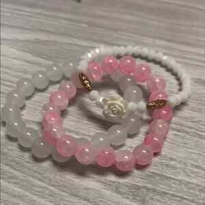 Elegant Pink and White Beaded Bracelet Set